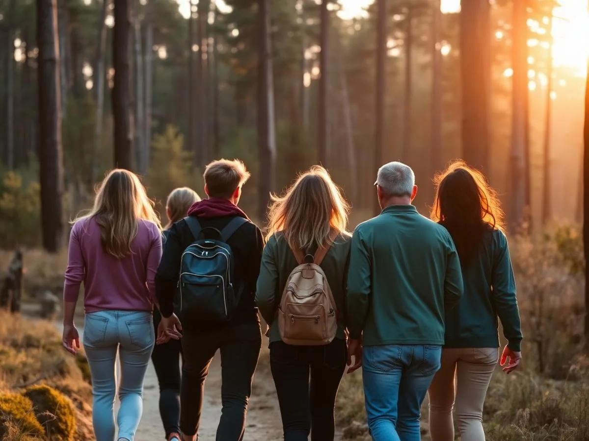 A small group walking together on a forest trail at sunset